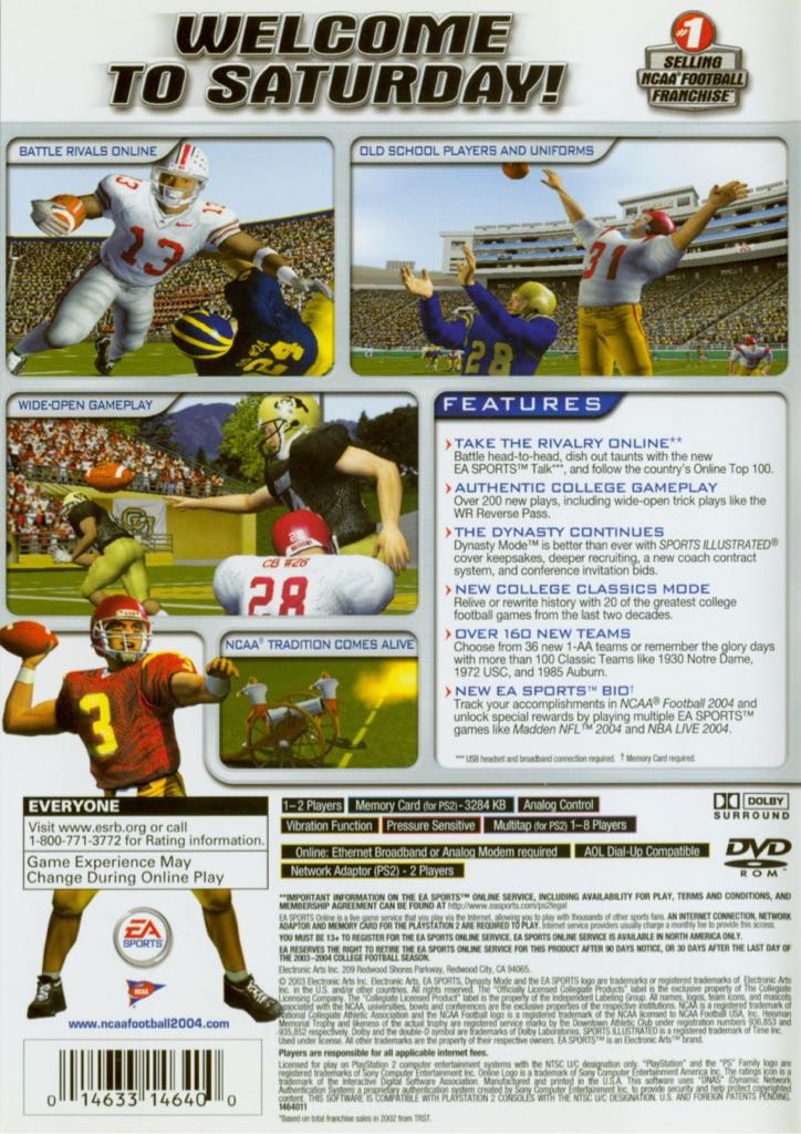 NCAA Football 2004 - Sony PlayStation 2 (PS2) (Ea Sports - 1-4) video game collectible [Barcode 014633146400] - Main Image 2
