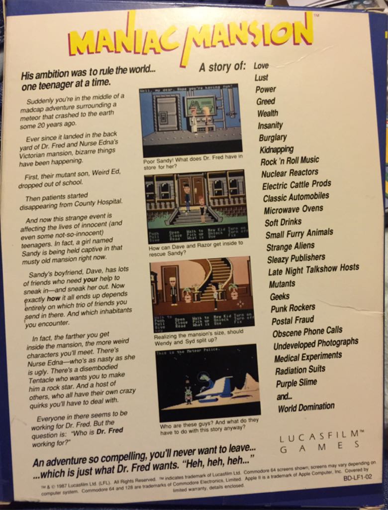 Maniac Mansion - Commodore 64 (Lucasfilm Games - 1) video game collectible [Barcode 023272425616] - Main Image 2