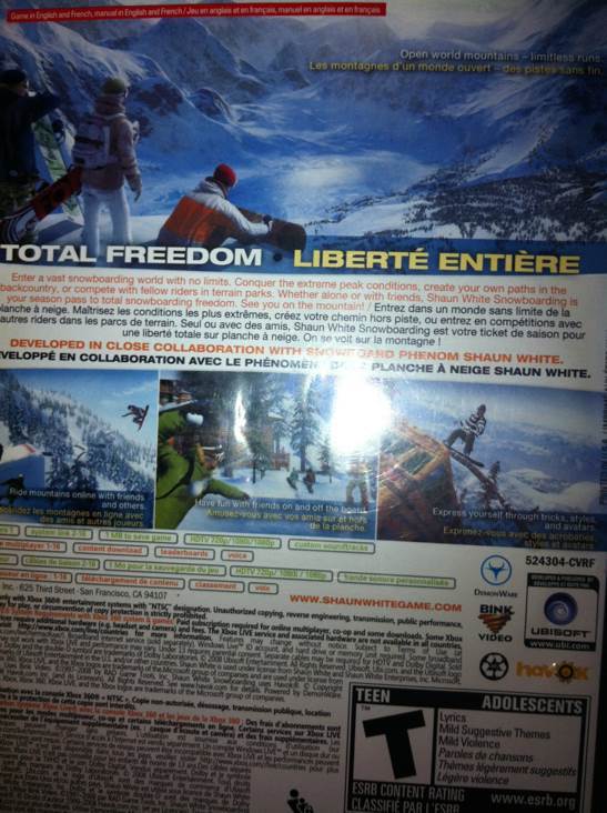 Shaunwhite Snowboarding - Microsoft Xbox 360 video game collectible - Main Image 2