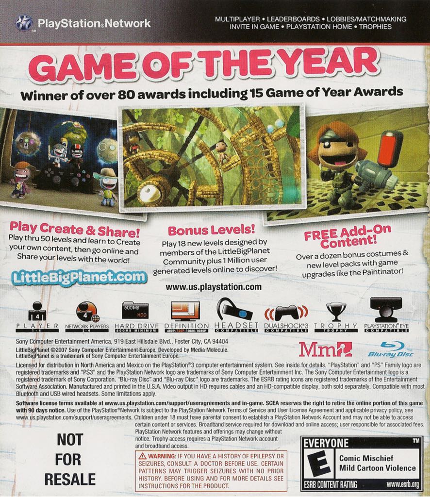 Little Big Planet - Game Of The Year Edition - Sony PlayStation 3 (PS3) video game collectible [Barcode 711719129769] - Main Image 2