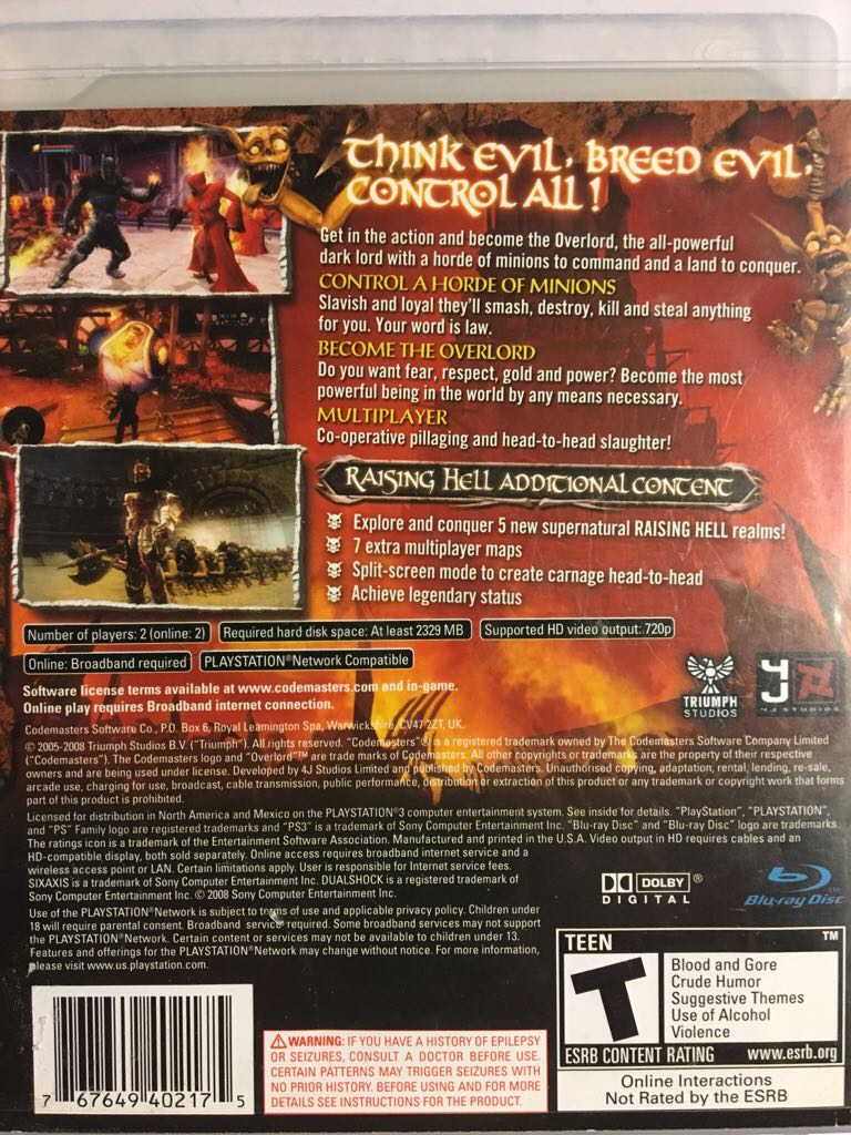 Overlord: Raising Hell - Sony PlayStation 3 (PS3) (Codemasters - 2) video game collectible [Barcode 767649402175] - Main Image 2