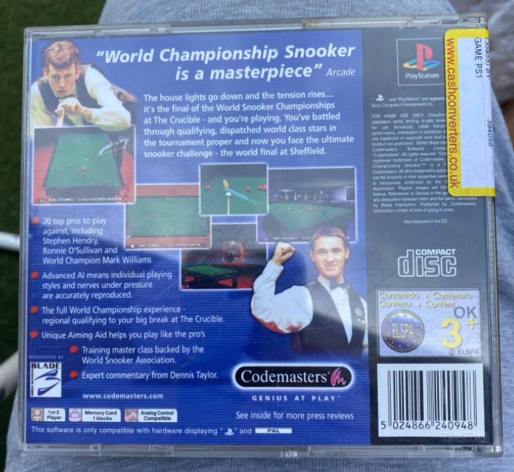 World Championship Snooker - Sony PlayStation (Codemasters - 1-2) video game collectible [Barcode 5024866240948] - Main Image 2