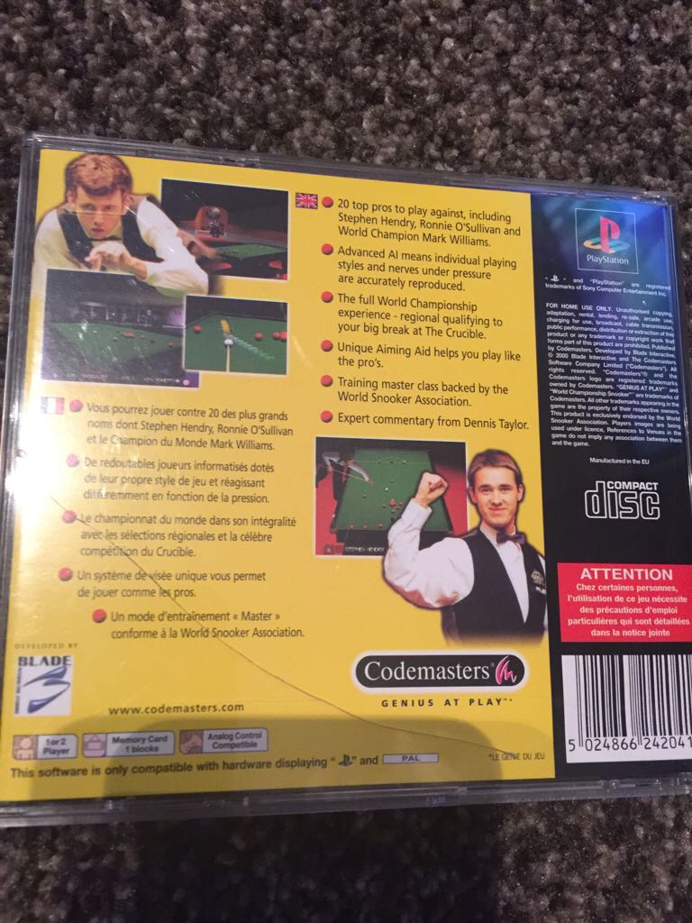 World Championship Snooker - Sony PlayStation (Code Masters - 1-2) video game collectible [Barcode 5024866242041] - Main Image 2
