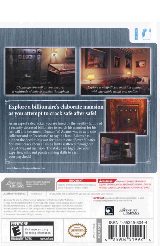 Safe Cracker - Nintendo Wii (Adventure Company) video game collectible [Barcode 625904519924] - Main Image 2