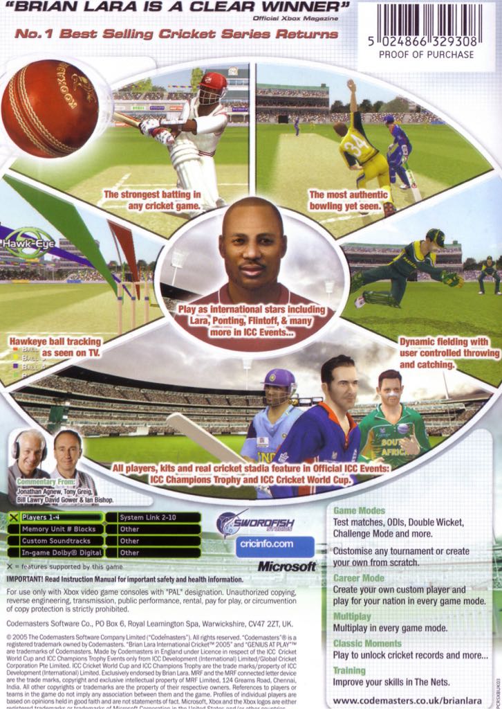 Brian Lara: International Cricket 2005 - Microsoft Xbox (Codemasters - 1-4) video game collectible [Barcode 9203225601224] - Main Image 2