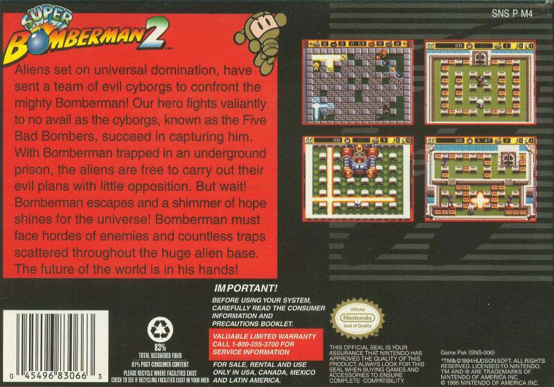Super Bomberman 2 - Nintendo Super Nintendo Entertainment System (SNES) video game collectible - Main Image 2