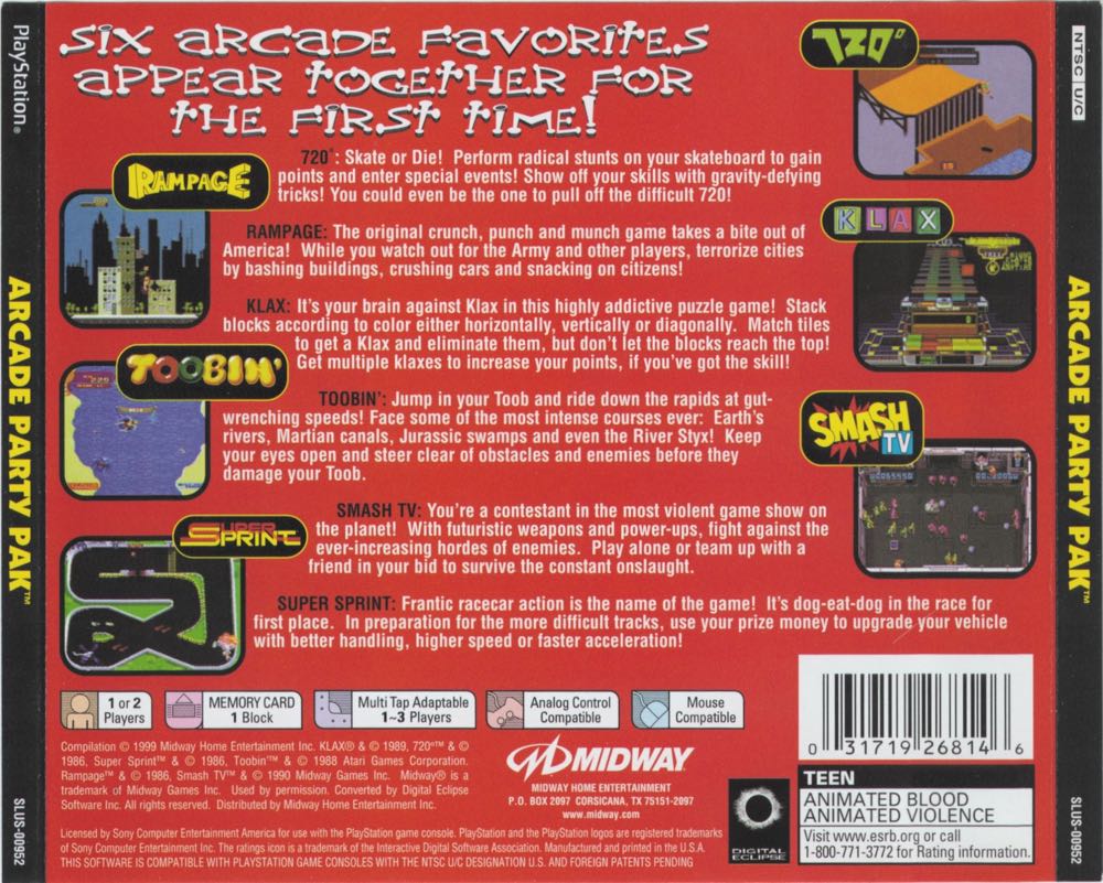 Arcade Party Pak - Sony PlayStation (Midway - 1-2) video game collectible [Barcode 5037930030024] - Main Image 2