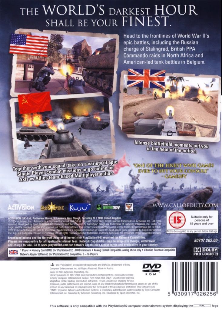 Call Of Duty: Finest Hour - Sony PlayStation 2 (PS2) (Activison - Single-Player) video game collectible [Barcode 5030917030895] - Main Image 2
