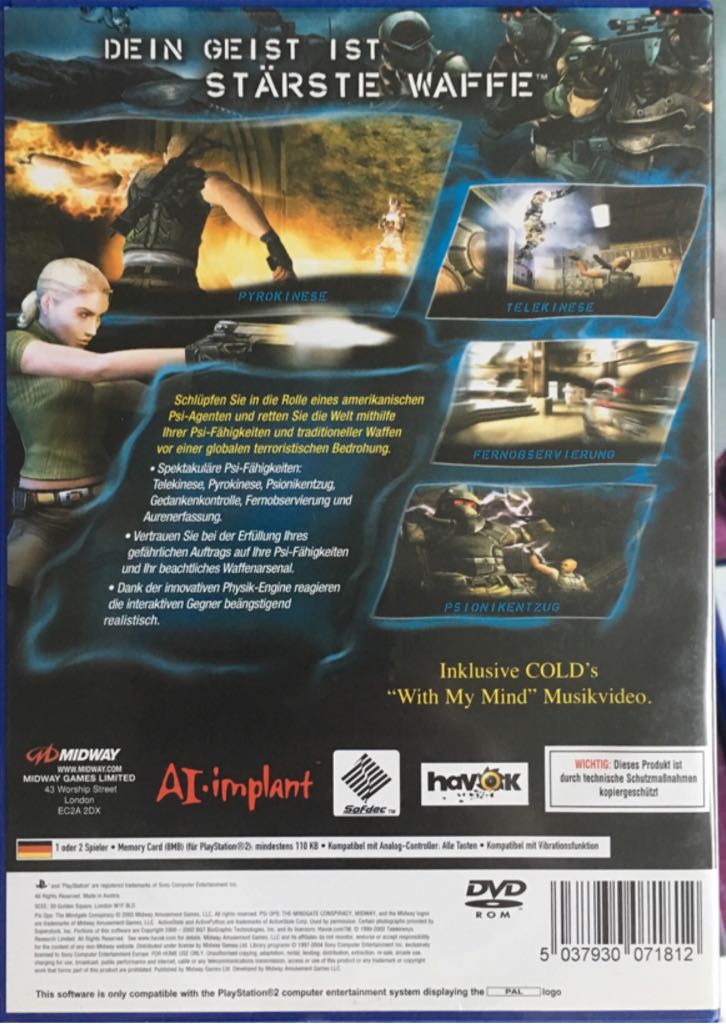 Psi-Ops: The Mindgate Conspiracy - Sony PlayStation 2 (PS2) (Midway Games Ltd. - 2) video game collectible [Barcode 5037930071812] - Main Image 2