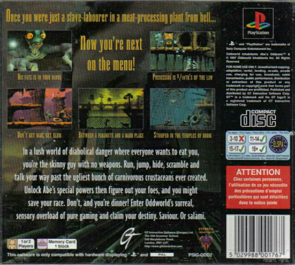 Oddworld Abes Oddysee - Sony PlayStation (GT Interactive - 2) video game collectible [Barcode 5029988001767] - Main Image 2
