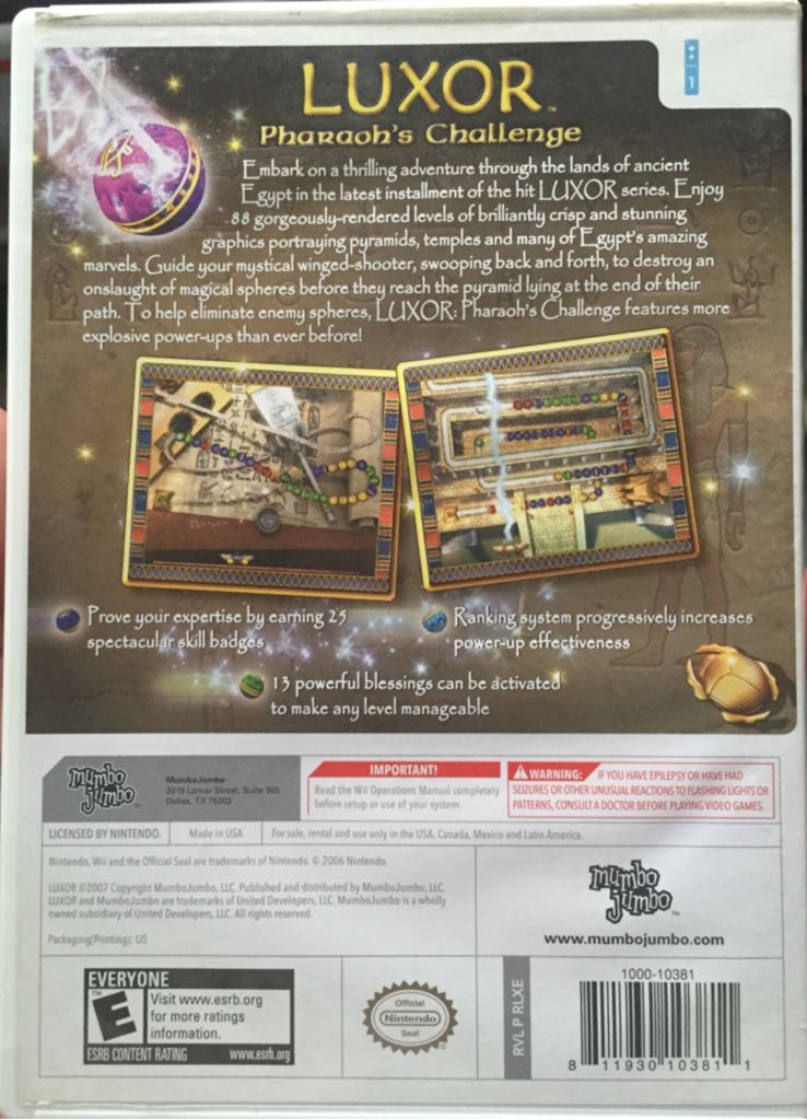 Luxor: Pharaoh’s Challenge - Nintendo Wii (Mumbo Jumbo - 1) video game collectible [Barcode 811930103811] - Main Image 2