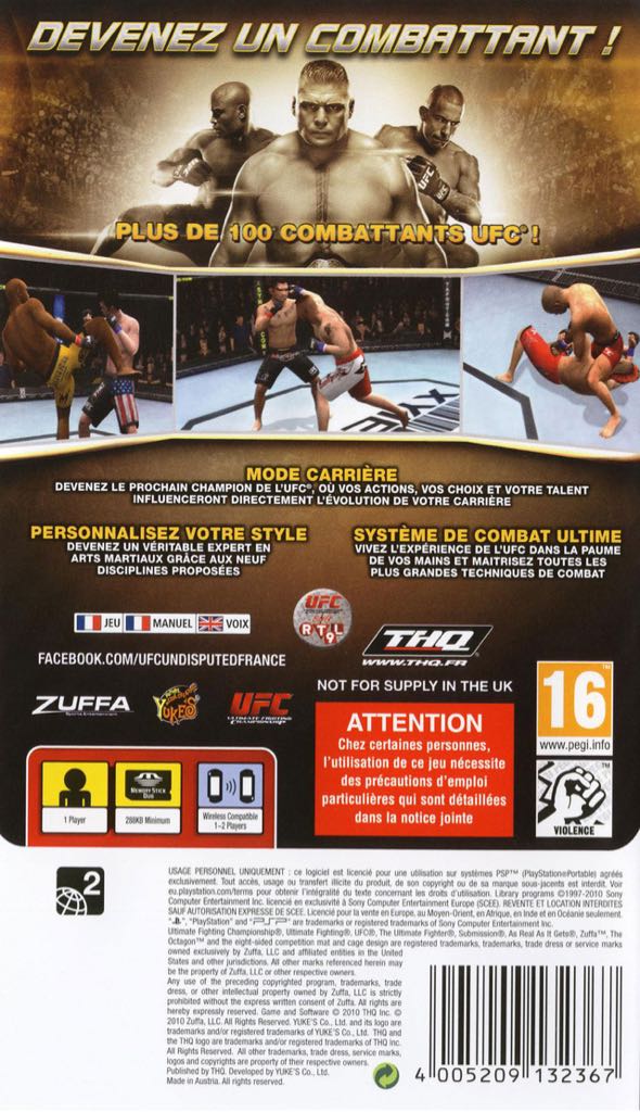 UFC Undisputed 2010 - Sony PlayStation Portable (PSP) (THQ - 2) video game collectible [Barcode 752919481363] - Main Image 2