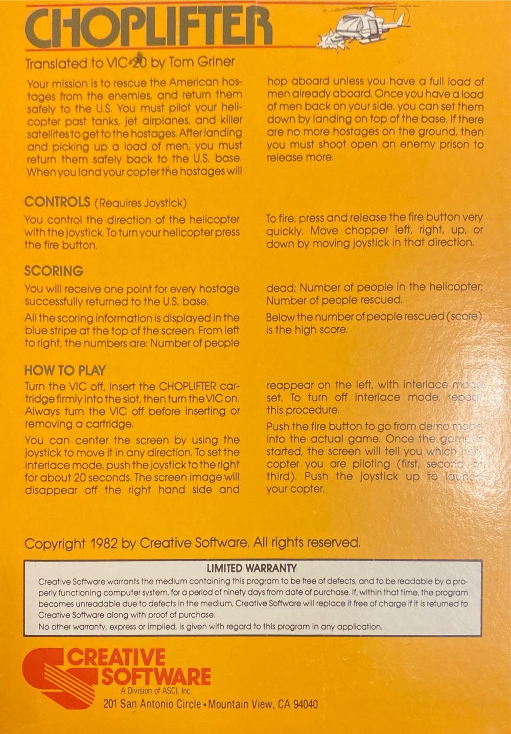 Choplifter - Commodore Vic20 (Creative Software) video game collectible - Main Image 2