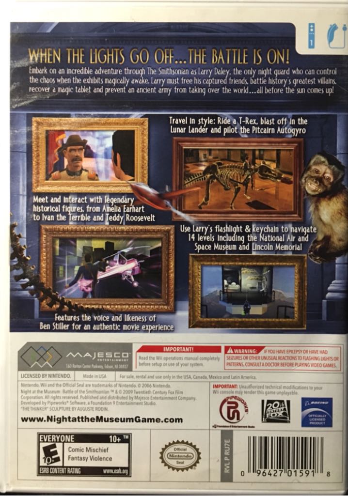Night at the Museum: Battle of the Smithsonian — The Video Game - Nintendo Wii (Majesco Entertainment/20th Century Games - 1) video game collectible [Barcode 096427015918] - Main Image 2