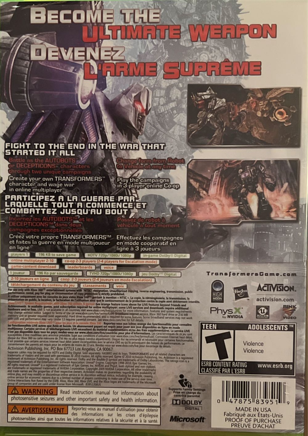Transformers: War For Cybertron - Microsoft Xbox 360 (Activision - 1) video game collectible [Barcode 047875839519] - Main Image 2