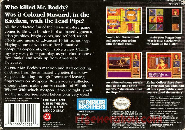 Clue - Nintendo Super Nintendo Entertainment System (SNES) (Parker Brothers) video game collectible - Main Image 2