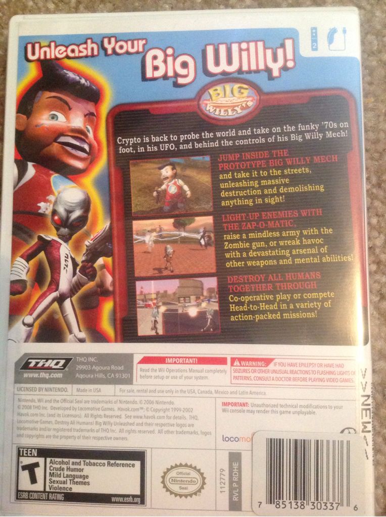 Destroy All Humans! Big Willy Unleashed - Nintendo Wii (THQ - 1-2) video game collectible [Barcode 785138303376] - Main Image 2