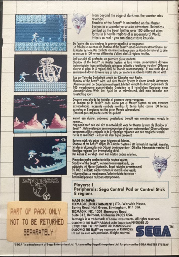 Shadow of the Beast - Sega Master System (Psygnosis - 1) video game collectible - Main Image 2