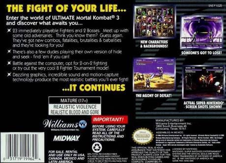 Ultimate Mortal Kombat 3 - Nintendo Super Nintendo Entertainment System (SNES) (Midway - 2) video game collectible [Barcode 031719199624] - Main Image 2