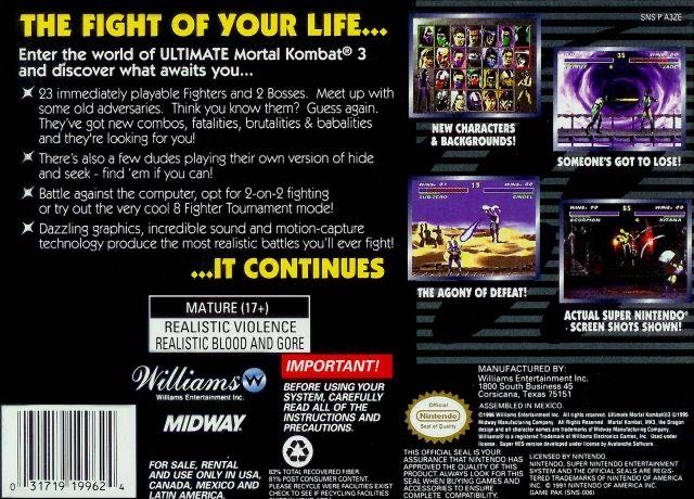 Ultimate Mortal Kombat 3 - Nintendo Super Nintendo Entertainment System (SNES) (Midway Games / Williams Entertainment - 1-2) video game collectible - Main Image 2