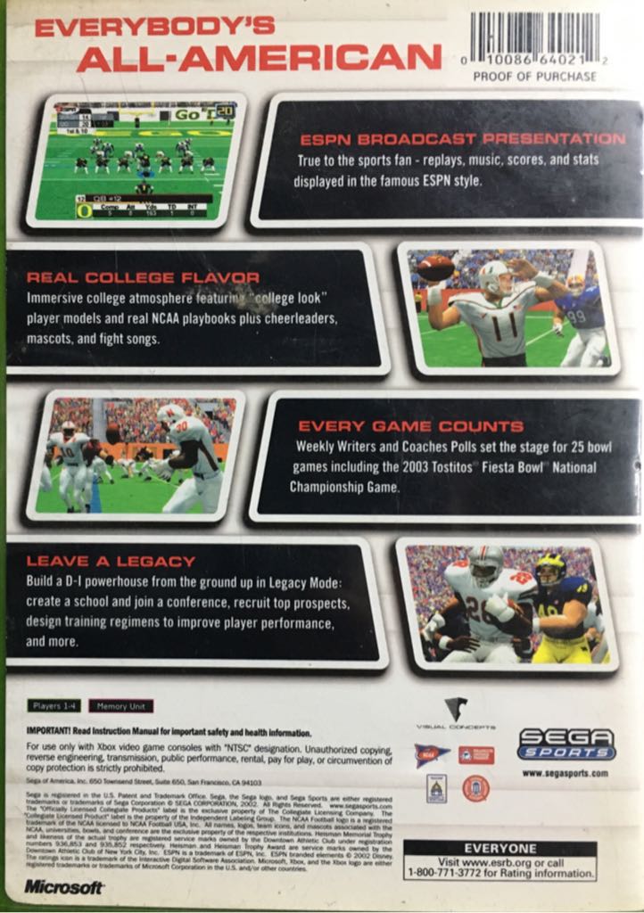 NCAA College Football 2K3 - Microsoft Xbox (Sega - 1-4) video game collectible [Barcode 010086640212] - Main Image 2
