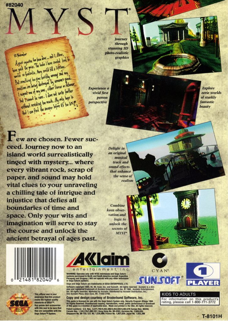 Myst - Sega Saturn (Storm City Ent., Inc. - 1) video game collectible [Barcode 021481820406] - Main Image 2