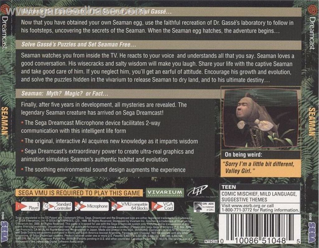 Seaman - Sega Dreamcast (Vivarium - 1) video game collectible [Barcode 010086510805] - Main Image 2