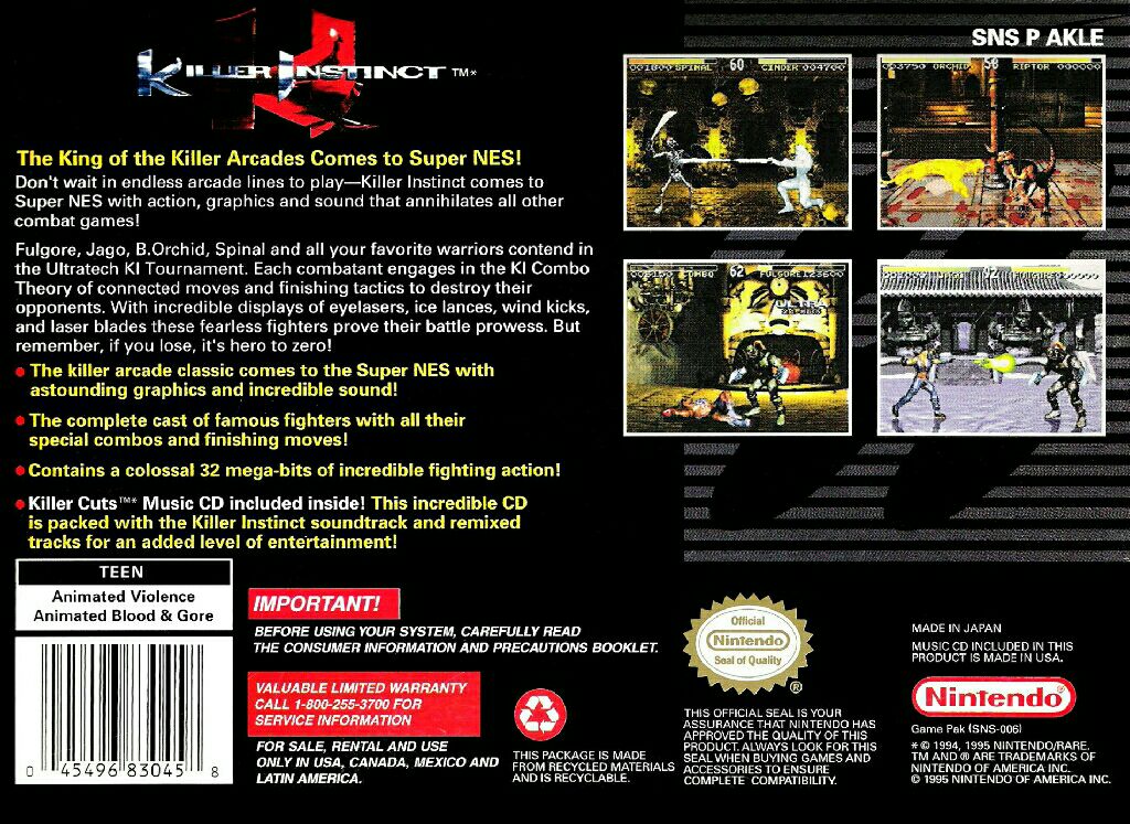 Killer Instinct - Nintendo Super Nintendo Entertainment System (SNES) (Ninetndo - 2) video game collectible - Main Image 2