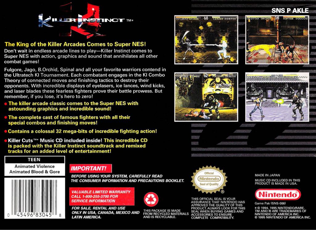 Killer Instinct - Nintendo Super Nintendo Entertainment System (SNES) (2) video game collectible - Main Image 2