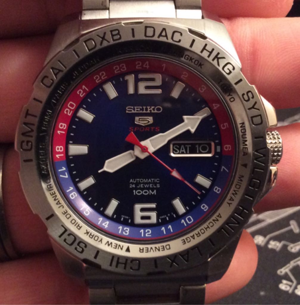 Seiko 5 Sports SRP681 Men’s Stainless Steel Blue Dial World Time Automatic Watch - Seiko (Ref. SRP681K1