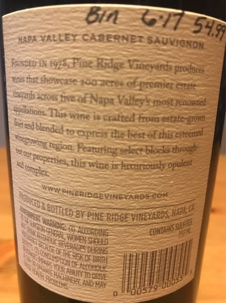 Pine Ridge Vinards Cabernet Sauvignon 2015 - Red Wine wine collectible [Barcode 000579000555] - Main Image 2