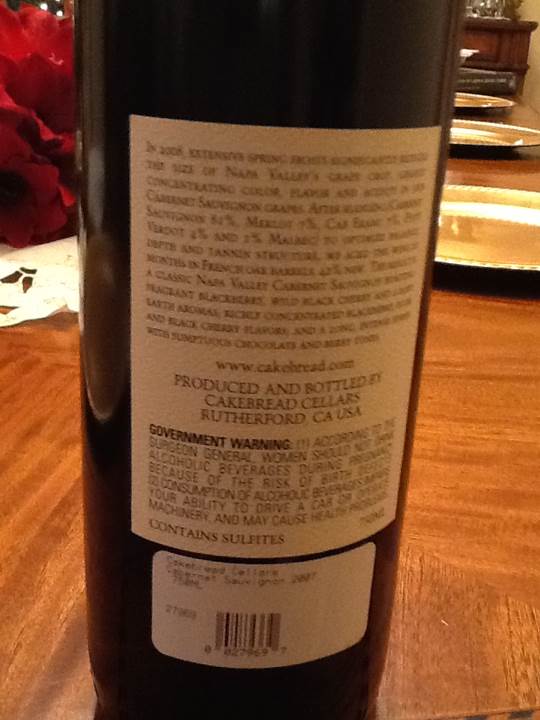 Cakebread Cellars Cabernet Sauvignon  - Red Wine wine collectible [Barcode 00279697] - Main Image 2