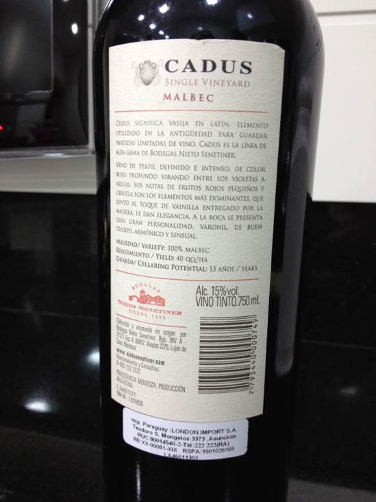 Cadus - Malbec wine collectible [Barcode 7793440000749] - Main Image 2