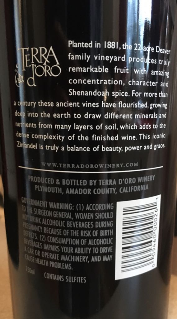 Terra d’oro - Old Vine Zinfandel wine collectible [Barcode 009460000261] - Main Image 2