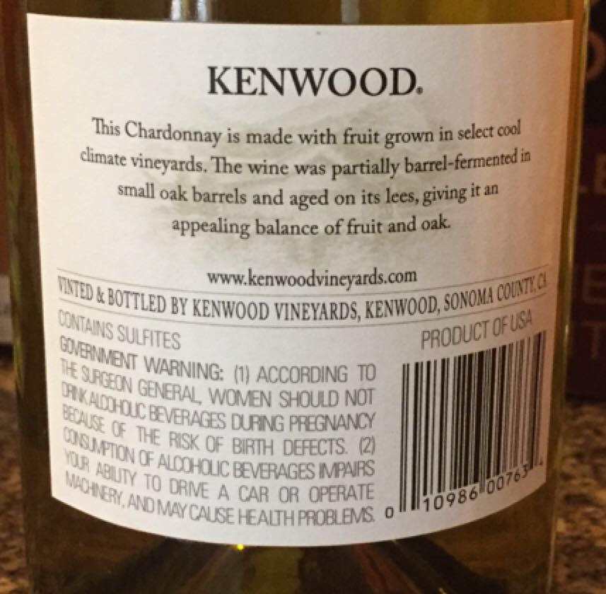Kenwood Chardonnay  - Chardonnay wine collectible [Barcode 010986007634] - Main Image 2