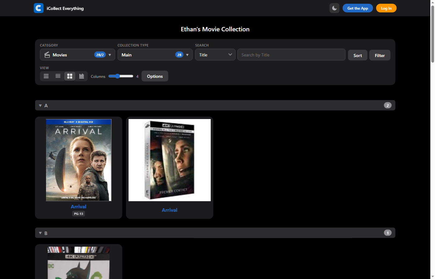 Dark mode grid view of collection