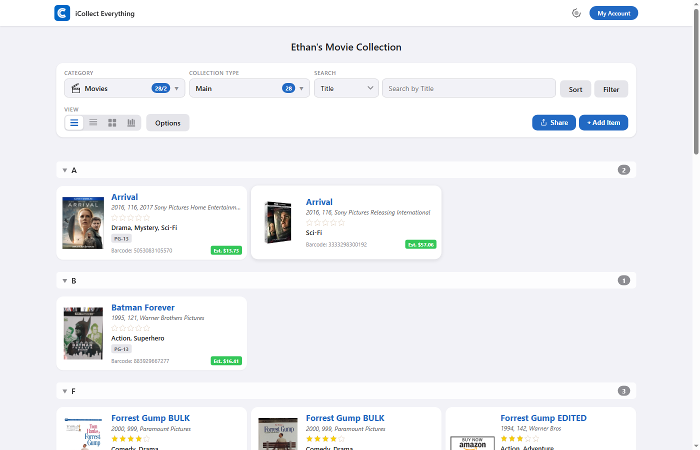 Logged in collection view with management buttons