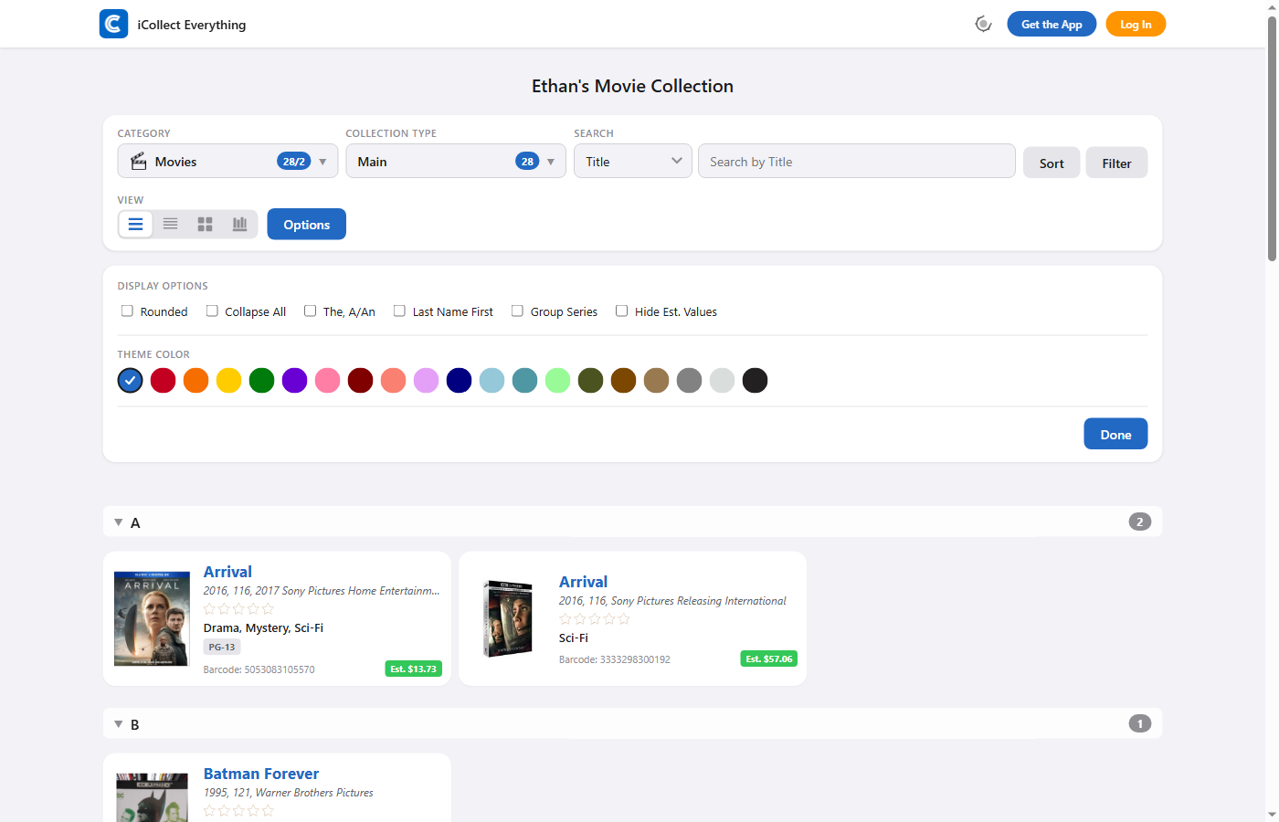 Display options panel with theme colors and view settings