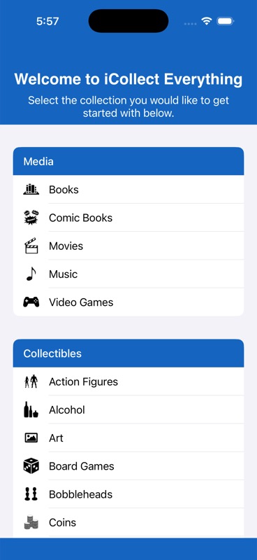 Welcome screen for selecting your first collection type