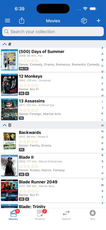 Tab bar at the bottom showing Movies, Wishlist, Switch, and Pro tabs