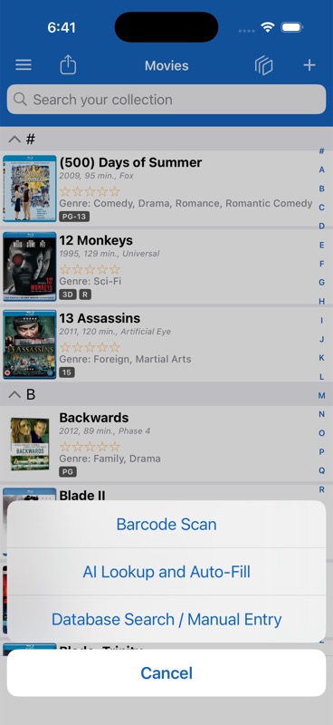 Add item action sheet with Barcode Scan, AI Lookup, and Database Search options