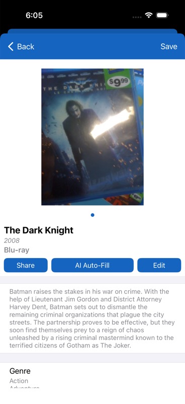 Item detail view showing movie cover art and information