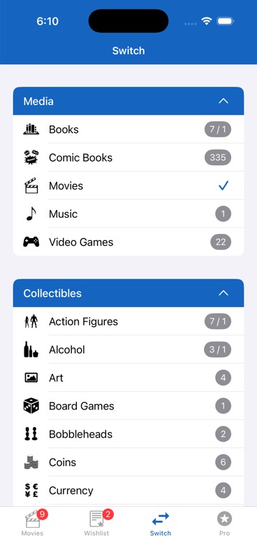 Switch tab showing all collection categories with item counts
