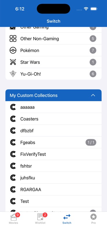 Custom collections section on the Switch tab