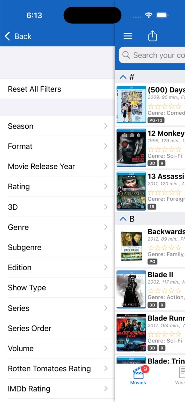 Filter screen with categories like format, genre, rating, and more