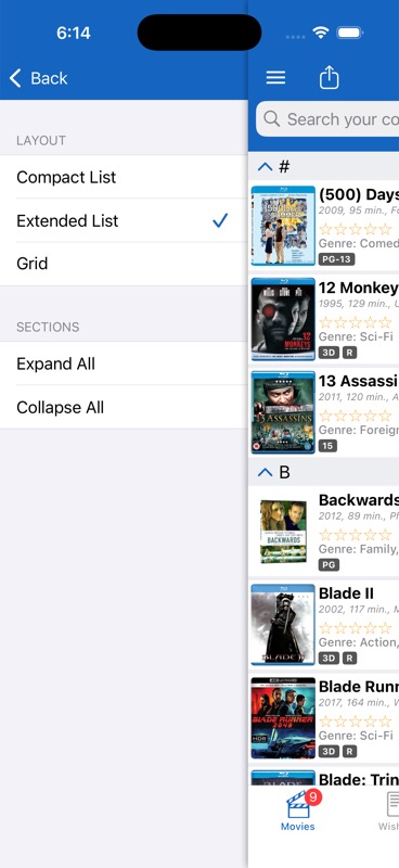 Layout options showing Compact List, Extended List, and Grid views