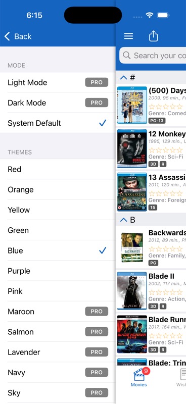 Theme picker with light/dark mode and color theme options
