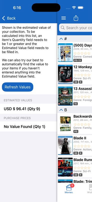 Collection value screen showing estimated total value