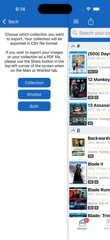 Export options for collection, wishlist, or both in CSV format