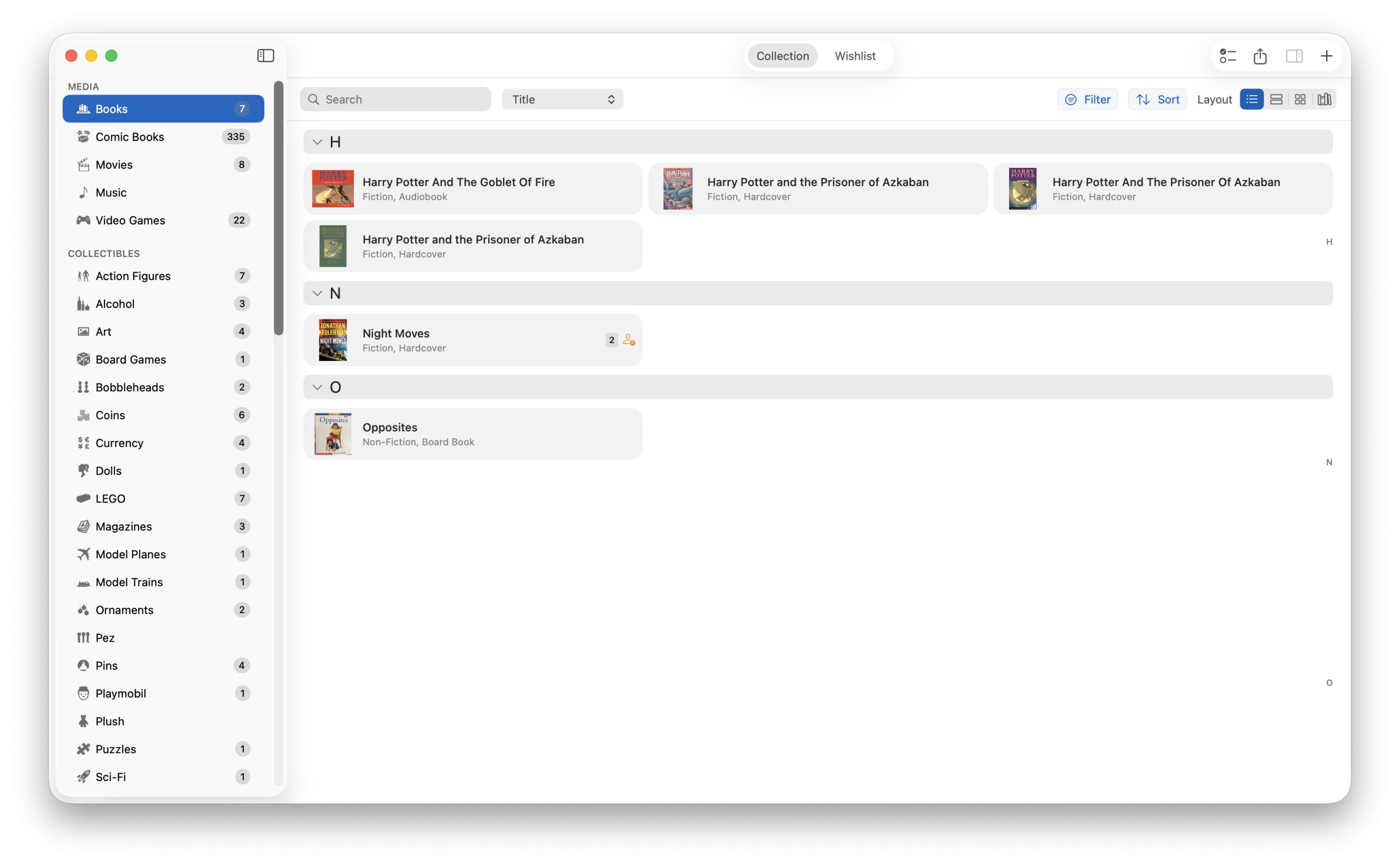 Compact list view of book collection in iCollect Everything for Mac